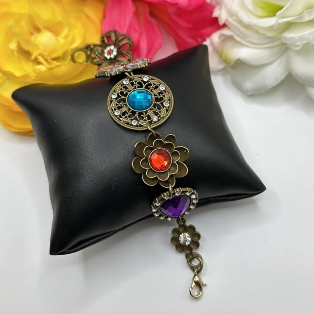 Bronzed Gold Multi Color Gemstone Accent Bracelet Antiqued Details NEW!